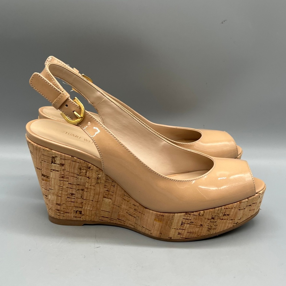 Stuart Weitzman Sandals Womens 7 Beige Patent Leather Slingback Wedge Cork Shoes